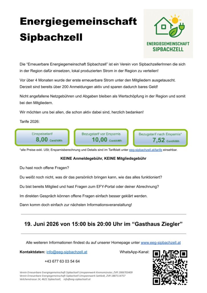 Informationsblatt der EEG Sipbachzell mit Tarifen und Veranstaltung am 19. Juni 2026